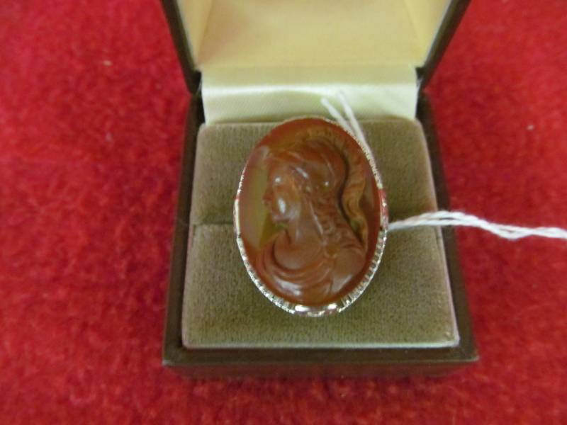 lot 88 image: Edwardian Carved Jasper Cameo warrior goddess ring tested 14K white gold (jeweler appraised value $495)