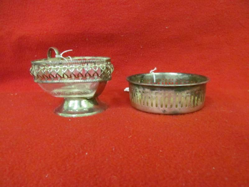 lot 96 image: Silverplate condiment bowl, silver plate wine coaster
