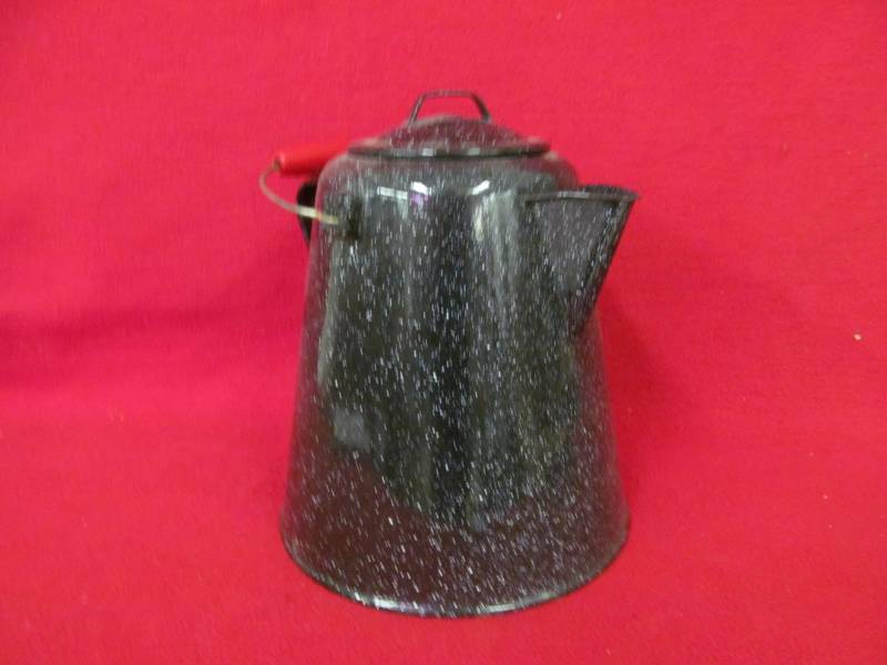 lot 105 image: large enamel coffee pot, black & white speckled