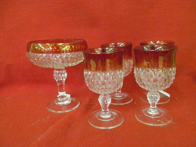 lot 132 image: 4 Pedestal Compole Diamond Point Indian glass Ruby flash water goblets