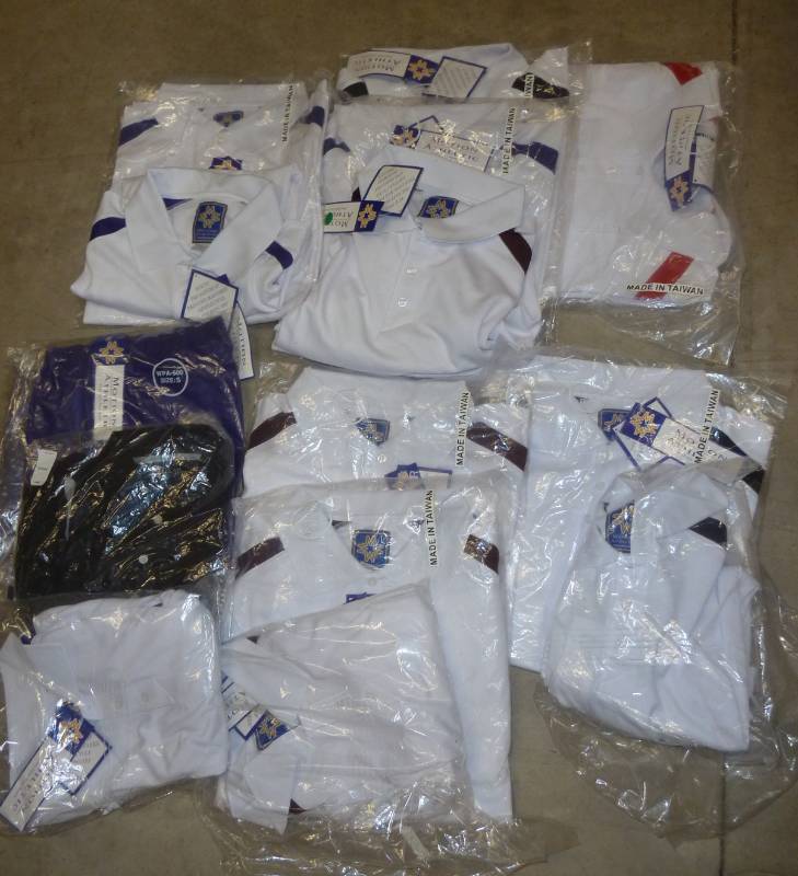 Lot of 13 Mens Dry weave polo shirts - all new - white polo with black, maroon, purple stripe on shoulder.  6 Large, 7 Medium, 2 Small Purple wind pants