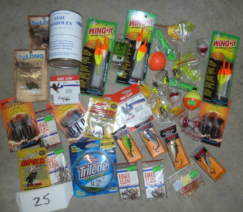 Fishing lot - bobbers, grubs, hooks, 14lb line, 4 Rapala lures, stringers and even aholes