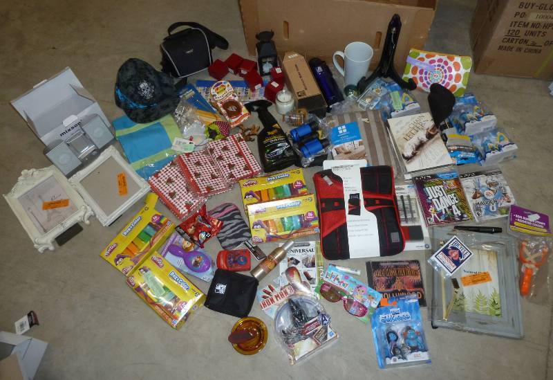 Treasure trove of misc items - picture frames, coupon holders, speakers, playdoh, toys, Madden and Dance PS3 games, DVDs, car wax, binoculars, coffee cup, water bottle, rings, hat, aqua vu case and more