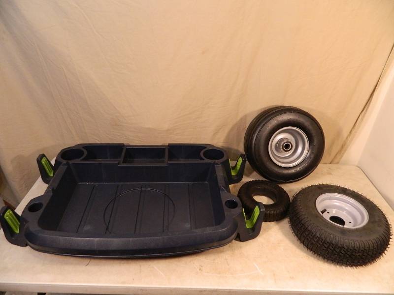 lot 61 image: New Utility Tires and Wheelbarrow Tool Caddy