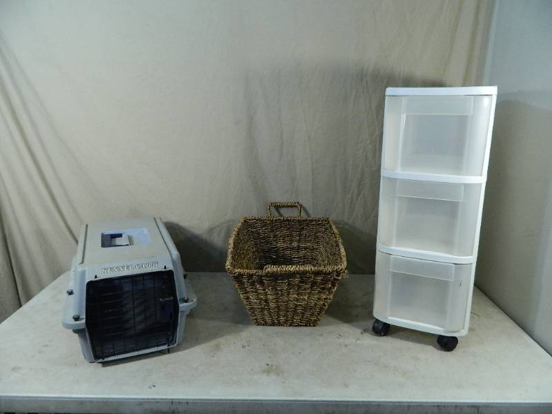 lot 136 image: 3 Drawer Organizer, Small Pet Kennel, and Basket