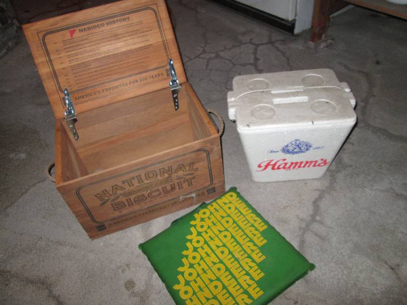lot 177 image: Hamms cooler, JD seat cushion and ...