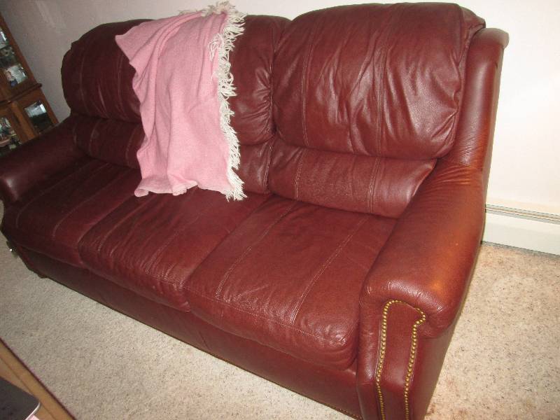 lot 217 image: Faux leather brown Couch with blank...