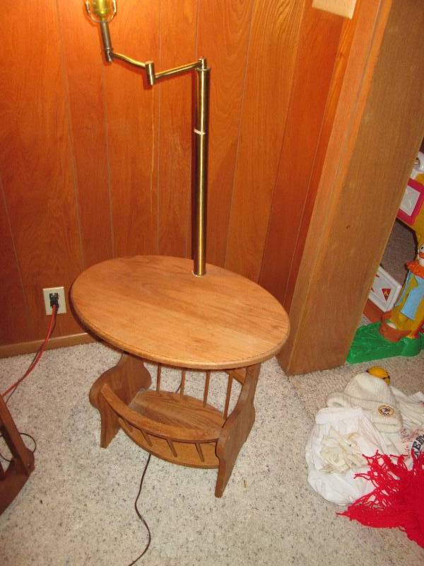 lot 240 image: Wooden magazine rack with lamp stan...