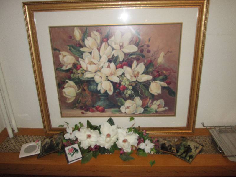 lot 261 image: Framed wall art with flower swag ...