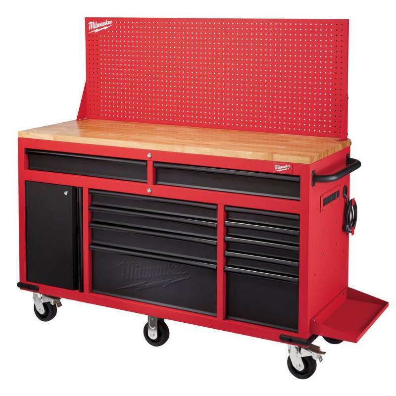 lot 2 image: Milwaukee 61 in. 11-Drawer1-Door 22 in. D Mobile Workbench with Sliding Pegboard Back Wall in RedBlack