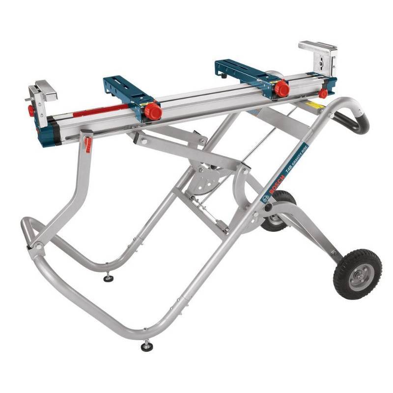 lot 14 image: Bosch Portable Folding Gravity Rise Miter Saw Stand with Wheels, Model T4B