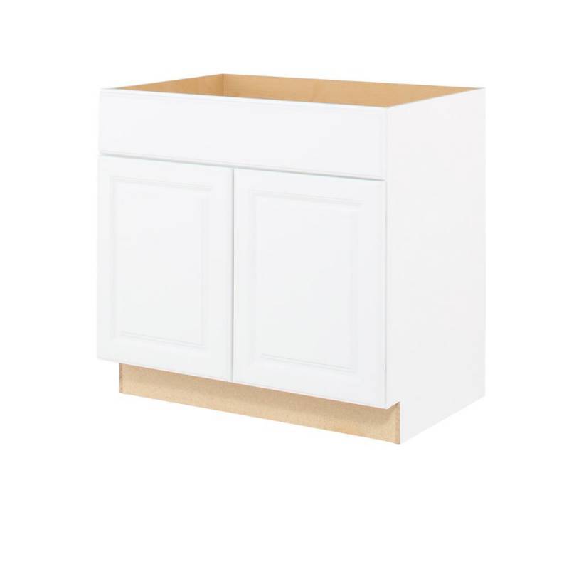 lot 131 image: Hampton Bay Assembled 36x34.5x24 in. Sink Base Kitchen Cabinet in Satin White