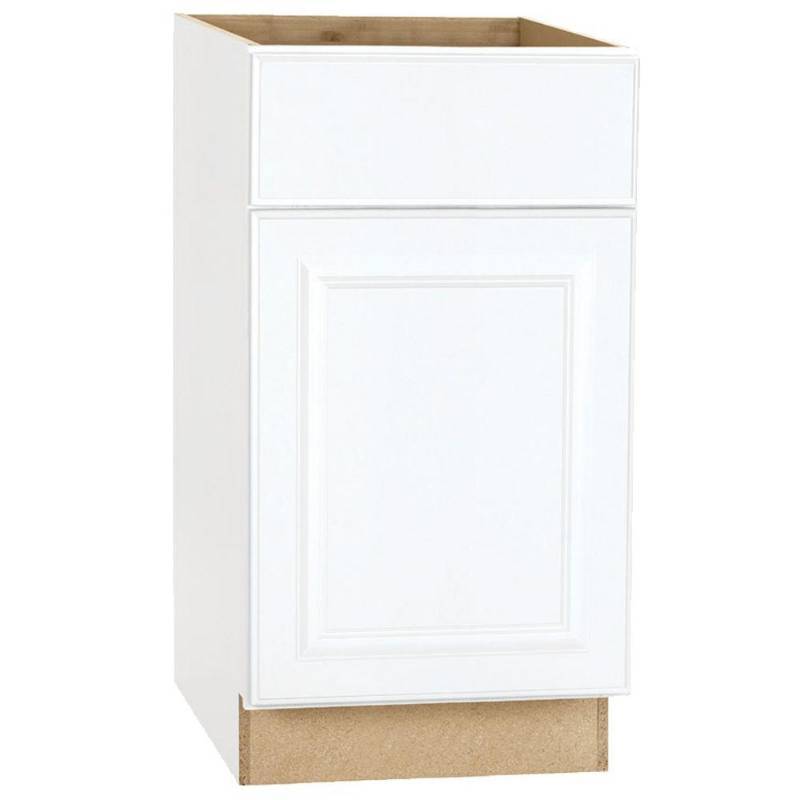 lot 140 image: Hampton Bay Assembled 18x34.5x24 in. Base Kitchen Cabinet with Ball-Bearing Drawer Glides in Satin White, Model KB18-SW