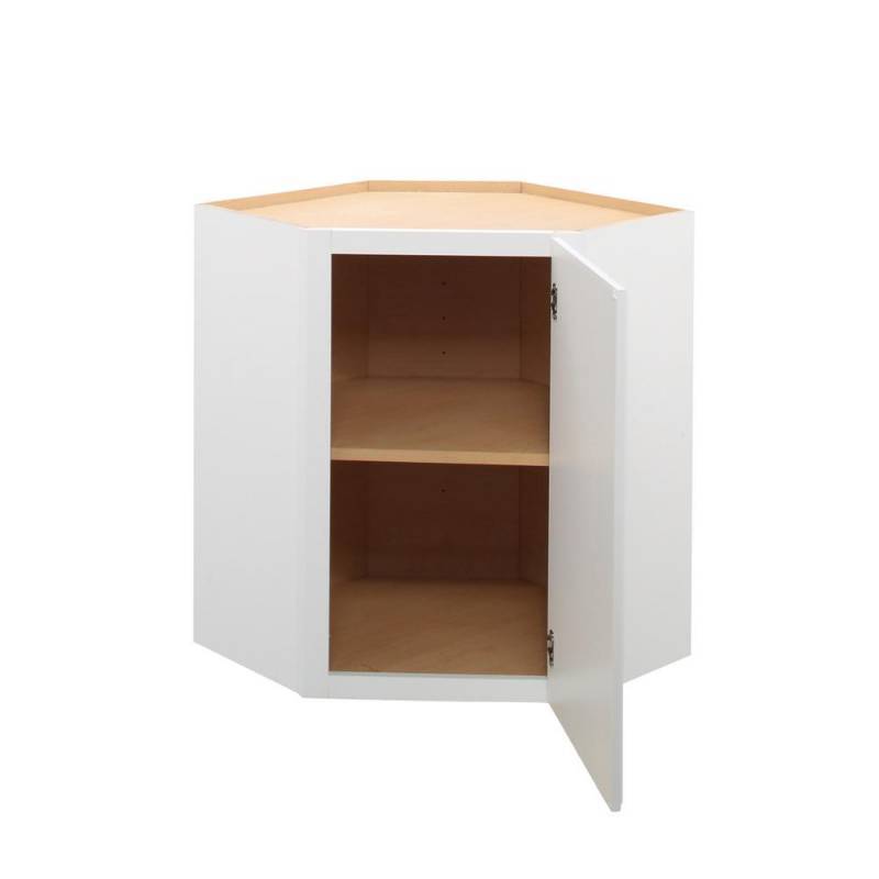 lot 141 image: Hampton Bay Assembled 24x30x12 in. Diagonal Corner Wall Kitchen Cabinet in Satin White, Model KWD2430-SW