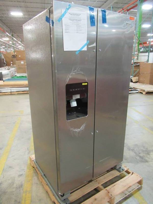 lot 32 image: Scratch & Dent Whirlpool 24.6-cu ft Side-by-Side Refrigerator with Ice Maker (Fingerprint-Resistant Stainless Steel) WRS315SDHZ.