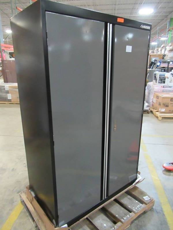 lot 3 image: Husky 72 in. H x 46 in. W x 24 in. D Welded Steel Floor Cabinet in BlackGray - Dent in Back