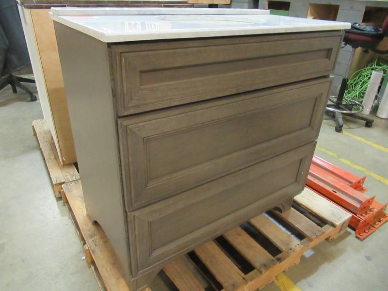 lot 64 image: Home Decorators Collection Albright 37 in. W x 22 in. D Vanity in Winter with Stone Effects Vanity Top in Coffee with White Basin 19FVSDB36P2CF