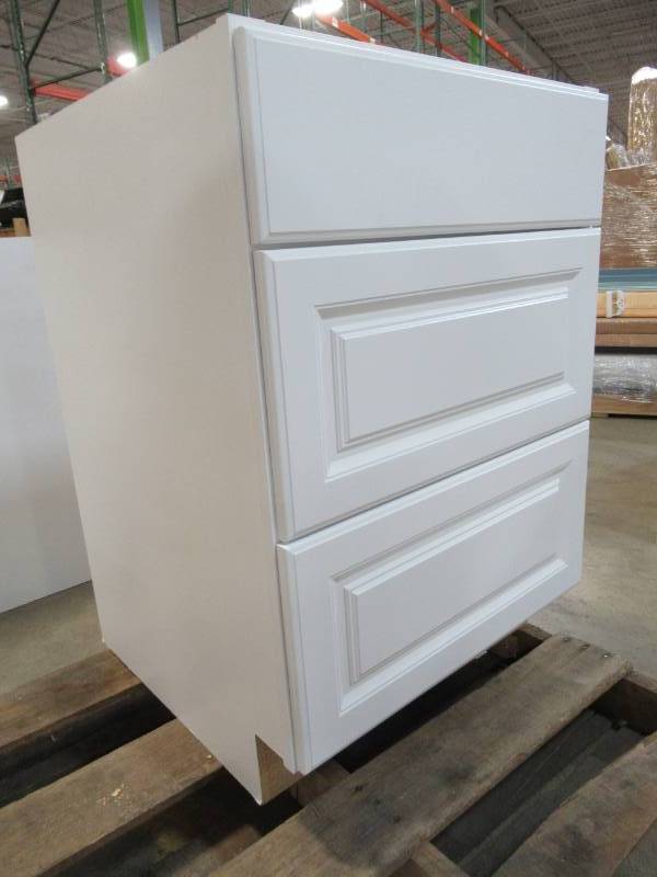 lot 134 image: Hampton Bay Assembled 24x34.5x24 in. Base Kitchen Cabinet 3 Drawer With Ball-Bearing Drawer Glides in Satin White, Model Unknown