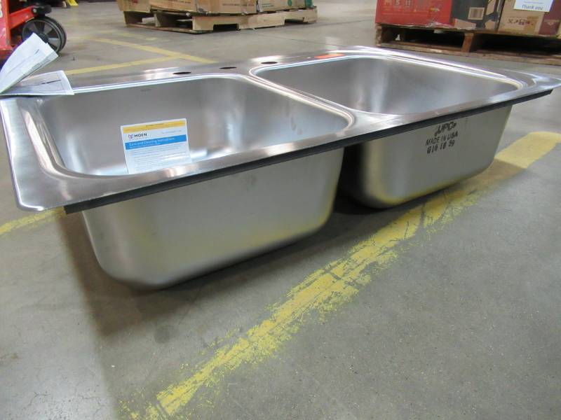 lot 70 image: MOEN 2200 Series Drop-in Stainless Steel 33 in. 3-Hole Double Bowl Kitchen Sink, Model G222173