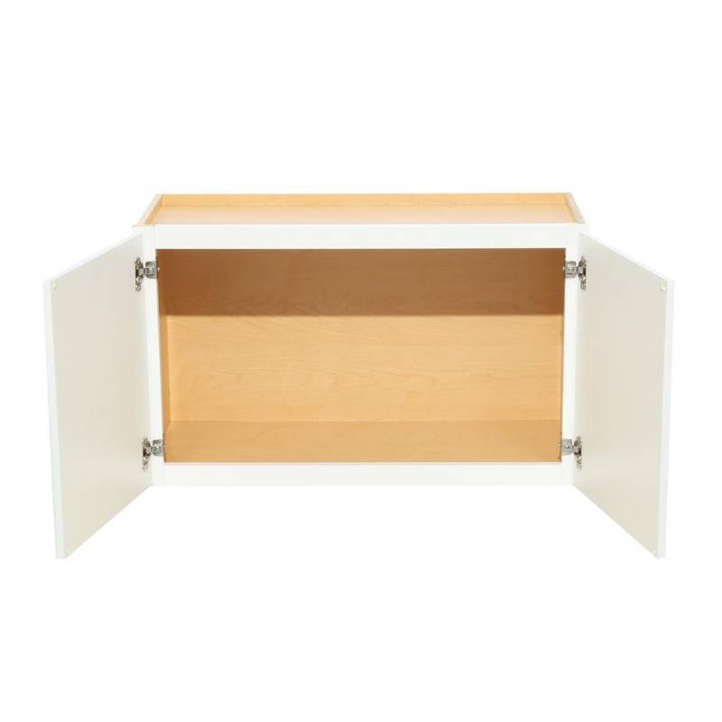lot 144 image: Hampton Bay Assembled 30x18x12 in. Wall Bridge Kitchen Cabinet in Satin White, Model KW3018-SW.
