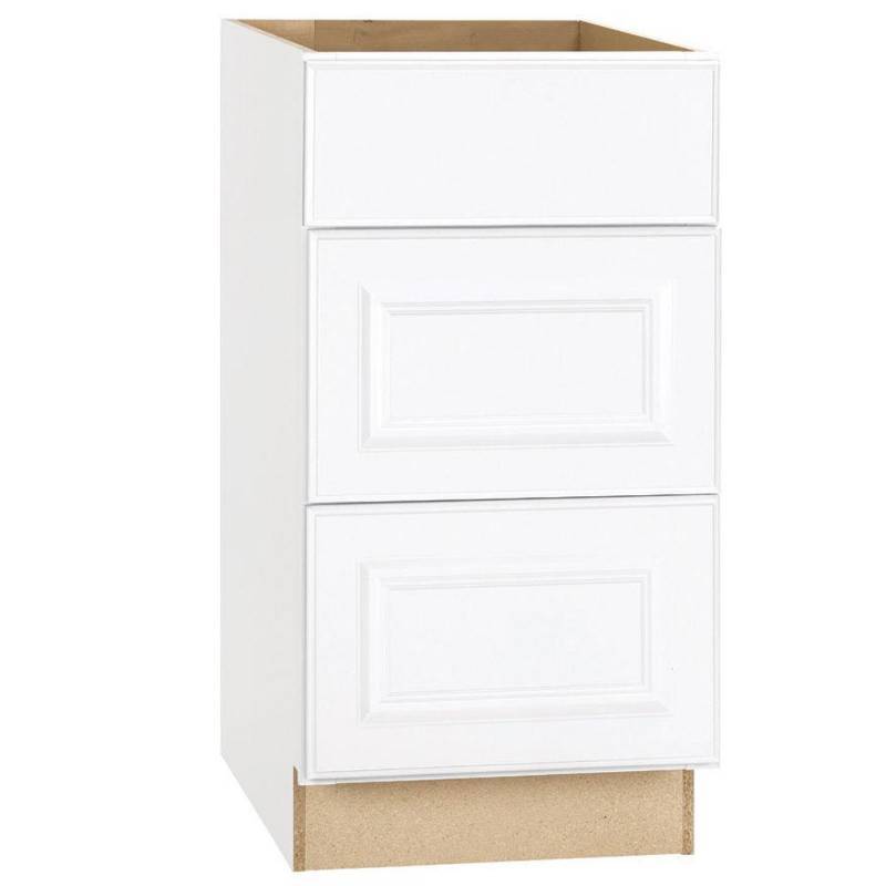 lot 139 image: Hampton Bay Assembled 18 x 24 x 34.5 in. 3 Drawer Base Kitchen Cabinet with Ball-Bearing Drawer Glides in Satin White, Model KDB18-SW.