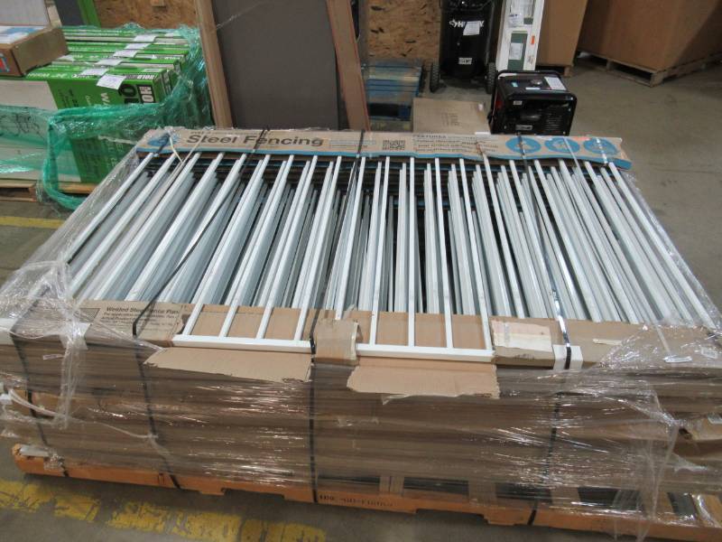lot 128 image: (4 Panels) US Door & Fence Pro Series 4.84 ft. H x 7.75 ft. W White Steel Fence Panel