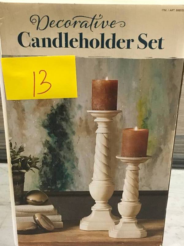 lot 13 image: Decorative Candle Holder Set of 2 Pillar Stand Living Room Accent Home Decor open box not used