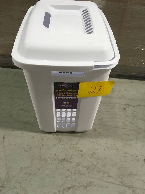 lot 27 image: United Solutions LN0023 One and a Half Bushel White Laundry Hamper With Lid-1.5 Bushel Lid and Hamper in White open box not used