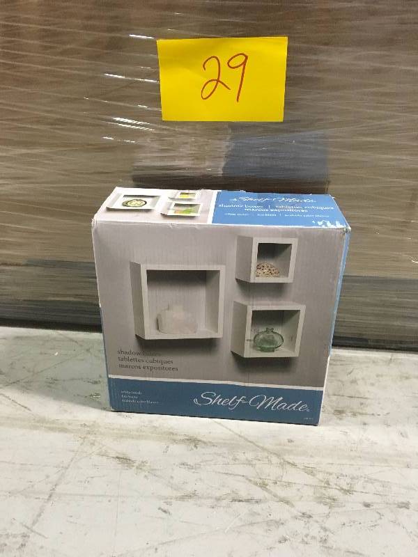 lot 29 image: 3Pc Wall Mounted Floating White Shadow Box Organizer Wood Construction Shelf Kit open box not used