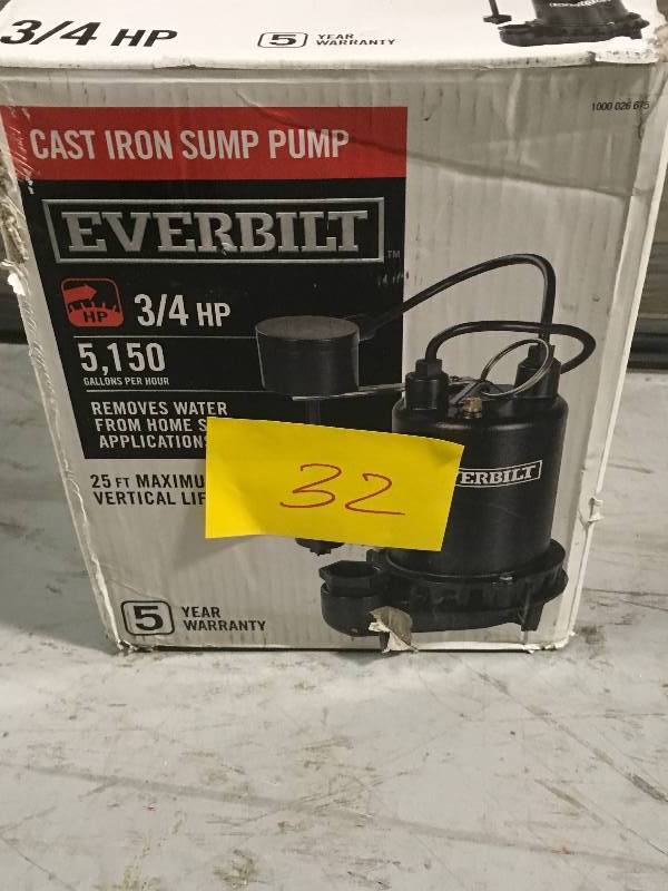 lot 32 image: Everbilt 34 HP Professional Sump Pump in working condition