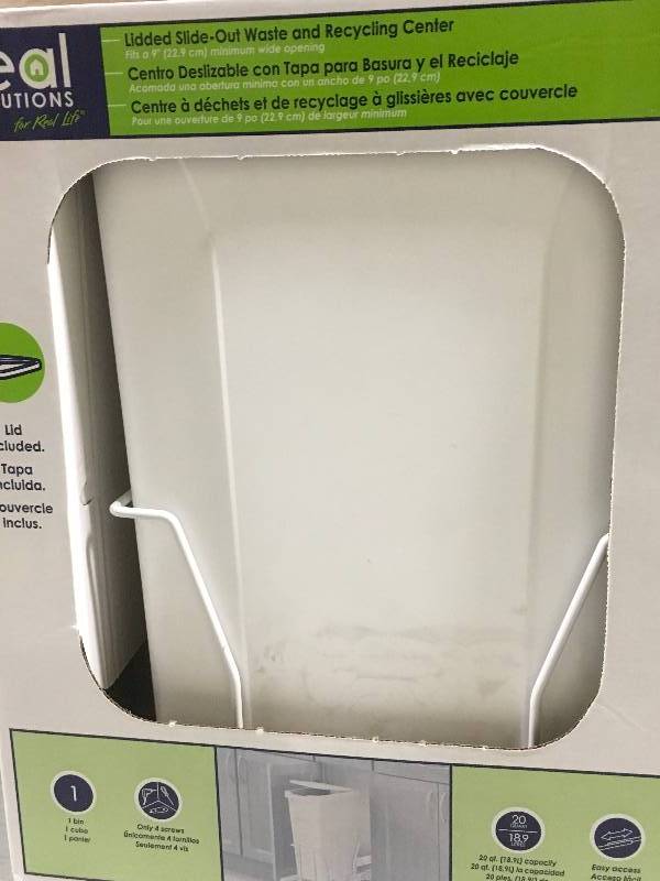 lot 47 image: 17 in. H x 8 in. W x 20 in. D Steel In-Cabinet 20 Qt. Single Pull-Out Trash Can in White open box not used