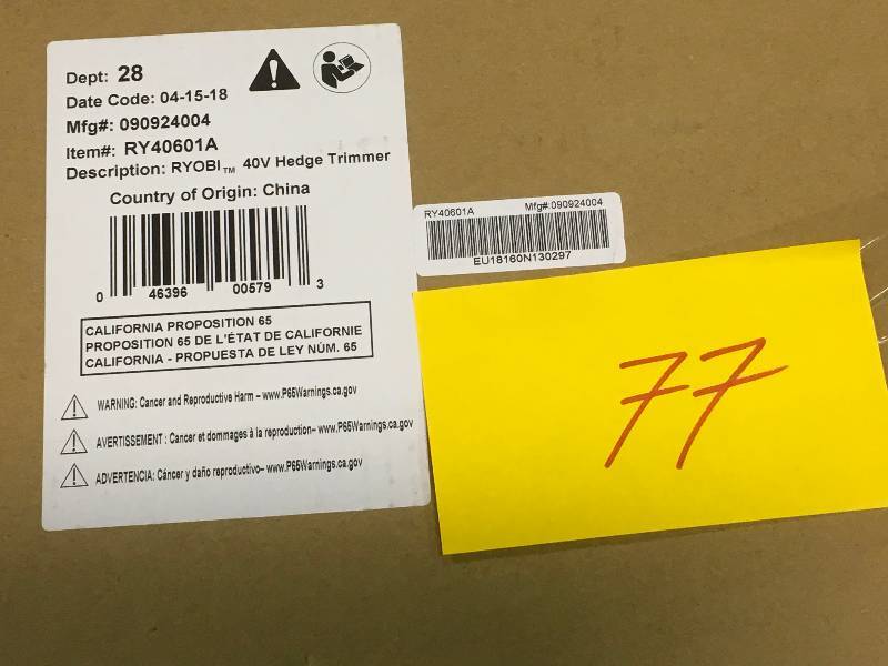 lot 77 image: Ryobi 24 in. 40-Volt Lithium-Ion Cordless Hedge Trimmer - 2.6 Ah Battery and Charger Included open box not used