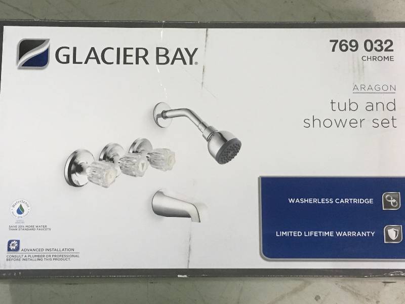 lot 85 image: Glacier Bay Aragon 3-Handle 1-Spray WaterSense Tub and Shower Faucet in Chrome (Valve Included) open box not used