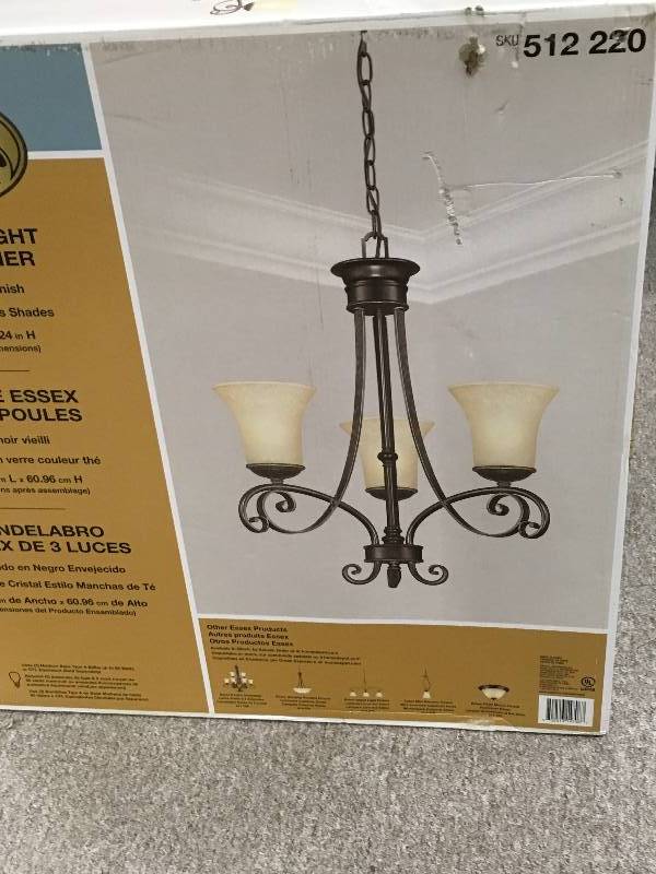 lot 16 image: Hampton Bay Essex 3-Light Aged Black Chandelier with Tea Stained Glass Shades new