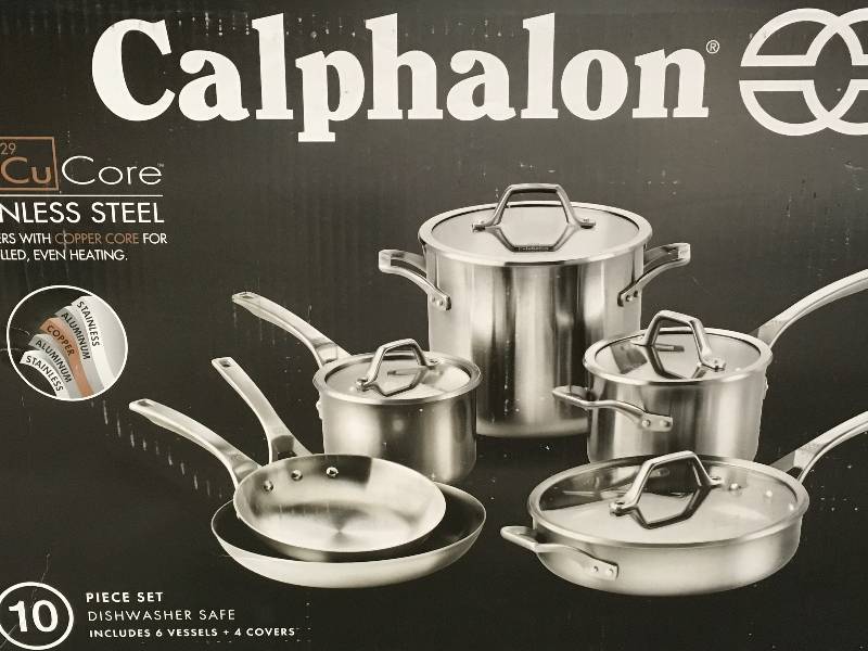 lot 18 image: Calphalon 10-Piece AccuCore Stainless Steel Cookware Set open box not used