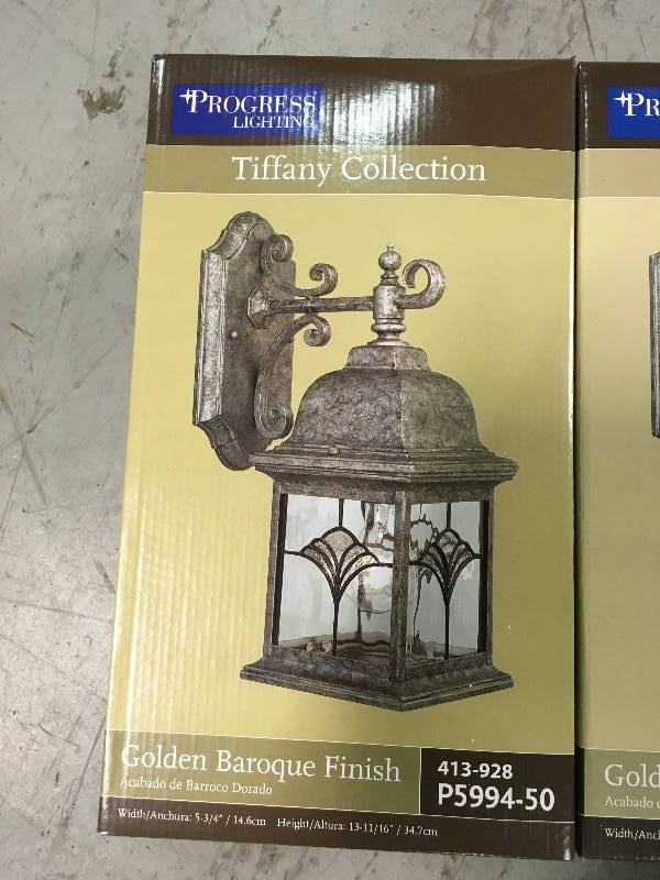 lot 30 image: LOT OF TWO Progress Lighting P5994-50 1-Light Wall Bracket with Water Patterned Glass and Faux Tiffany Art Glass Accents, Golden Baroque new