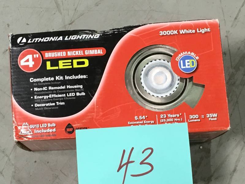 lot 43 image: Lithonia Lighting 4 in. Brushed Nickel Integrated LED Recessed Kit Gimbal Lamped not used