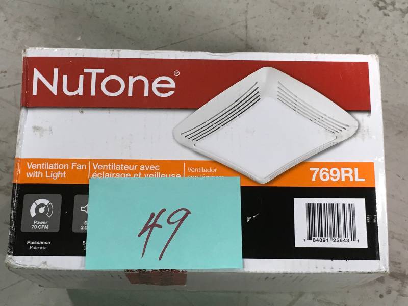 lot 49 image: NuTone 70 CFM Ceiling Bathroom Exhaust Fan with Light, White Grille and Light not used