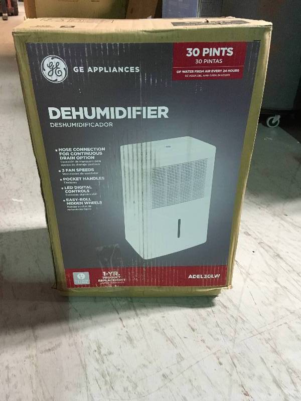 lot 1 image: GE 30-Pint Dehumidifier for Basements wDrain, White, ADEW30LQ Open box in good condition