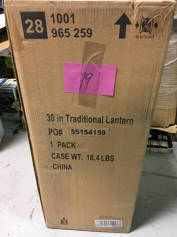 lot 19 image: Hampton Bay 30 in. Metal Lantern in Black open box in good condition