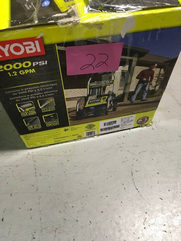 lot 22 image: Ryobi 2,000 PSI 1.2 GPM Electric Pressure Washer  USED IN GOOD CONDITION