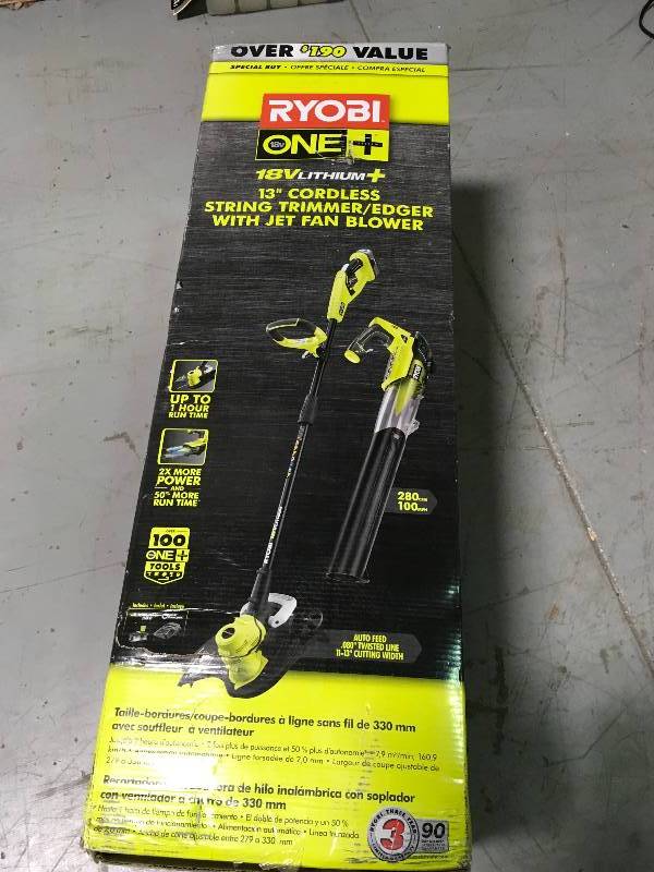 lot 29 image: Ryobi ONE 18-Volt Lithium-Ion Cordless String TrimmerEdger and Jet Fan Blower Combo Kit - 4.0 Ah BatteryCharger Included open box in good condition