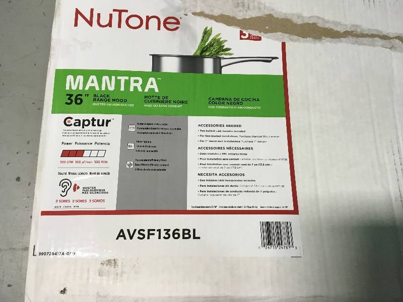 lot 30 image: NuTone Mantra 36 in. Convertible Under Cabinet Range Hood with Light in Black open box in good condition