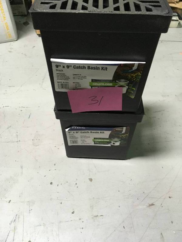 lot 31 image: LOT OF TWO NDS 9 in. x 9 in. Black Catch Basin, 2 Opening Kit open box in good condition