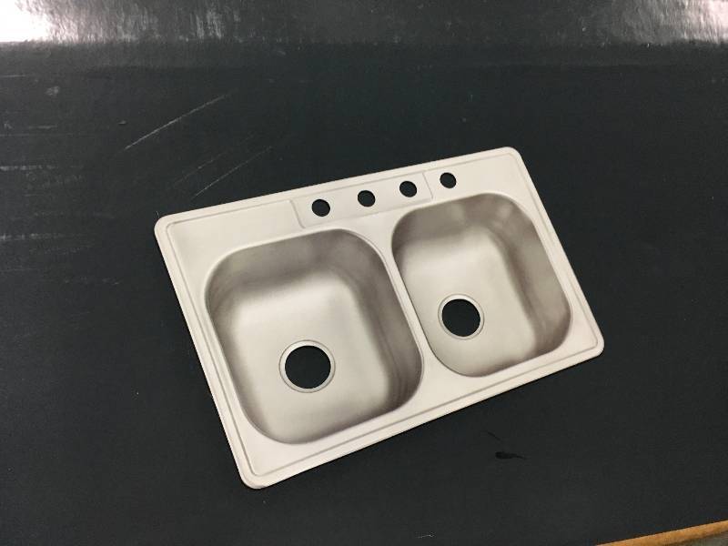lot 42 image: Glacier Bay Drop-In Stainless Steel 33 in. 4-Hole Double Bowl Kitchen Sink not used