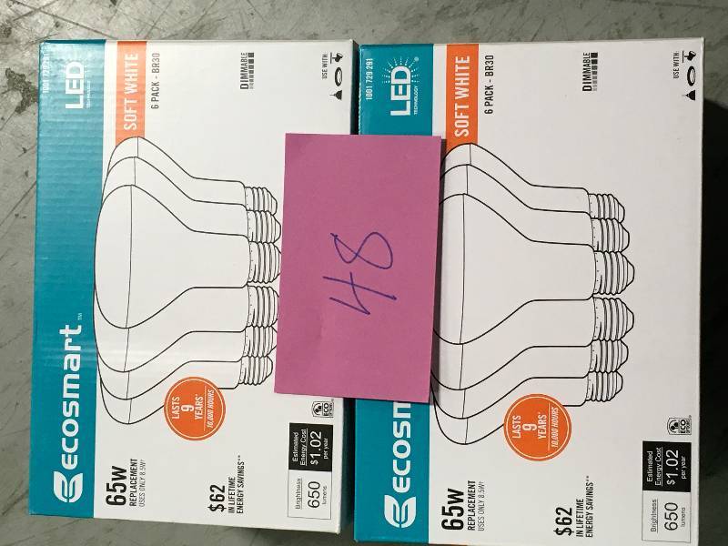 lot 48 image: LOT OF TWO EcoSmart 65-Watt Equivalent BR30 Dimmable LED Light Bulb Soft White (6-Pack) new