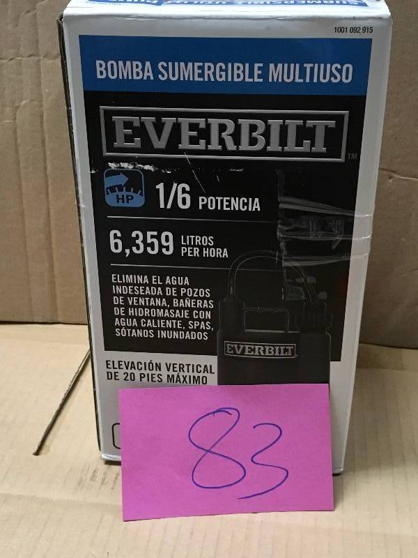 lot 83 image: Everbilt 16 HP Plastic Submersible Utility Pump  in good condition