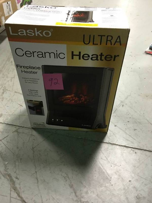 lot 92 image: Lasko 1500-Watt Ultra Ceramic Fireplace Portable Heater  in good condition