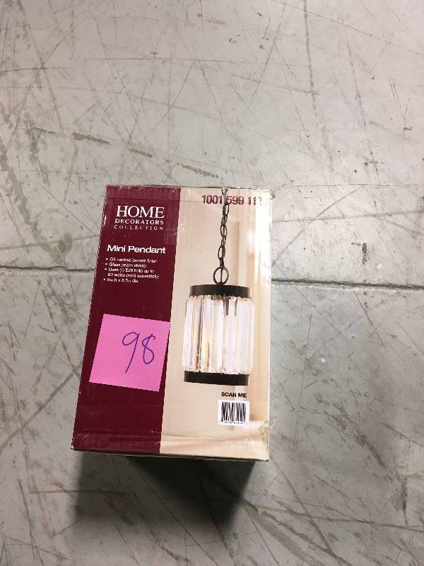 lot 98 image: Home Decorators Collection 1-Light Oil-Rubbed Bronze Indoor Mini Pendant with Glass Shade not used