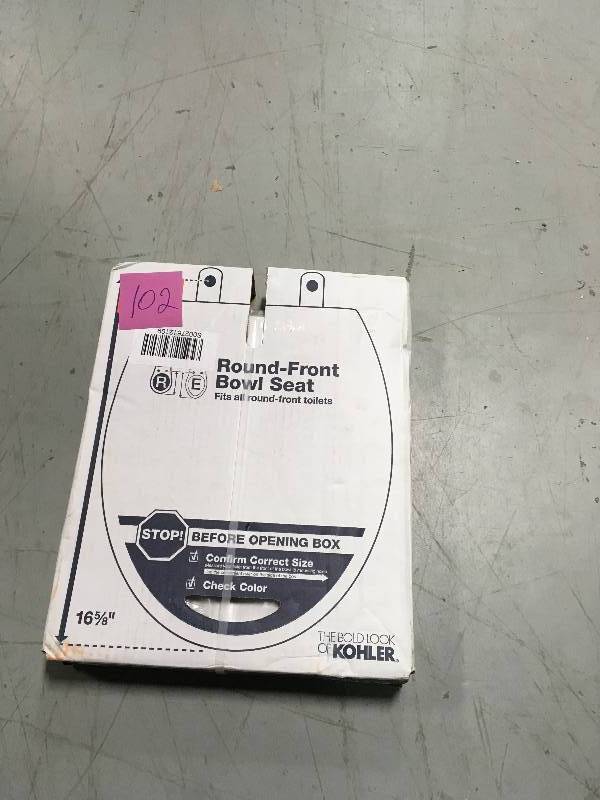 lot 102 image: KOHLER Cachet Quiet-Close Round Closed Front Toilet Seat with Grip-Tight Bumpers in White not used